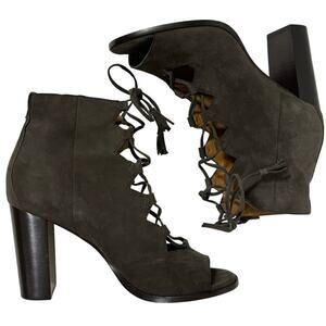 FRYE Booties Gray Suede Leather Lace Up Peep Toe Heeled